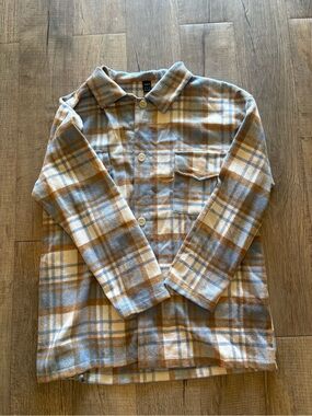 SHEIN Blue Tan Plaid Button-Down Shirt